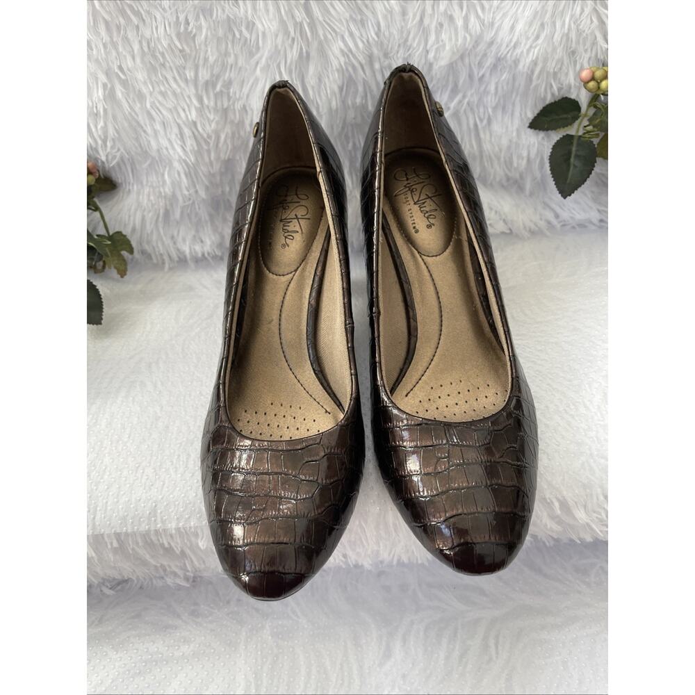 LifeStride Brown Croc Embossed Pumps Kitten Heel Comfort Shoes Women’s 9M Preppy - Picture 4 of 9